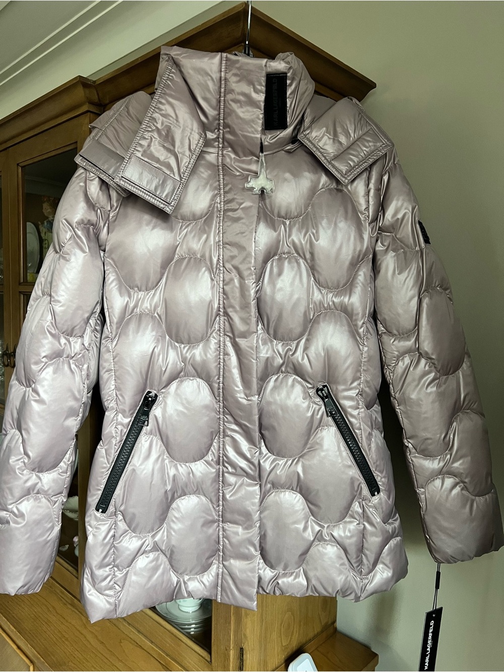 Karl Lagerfeld Satin Quilted Puff Jacket in Pale Mauve